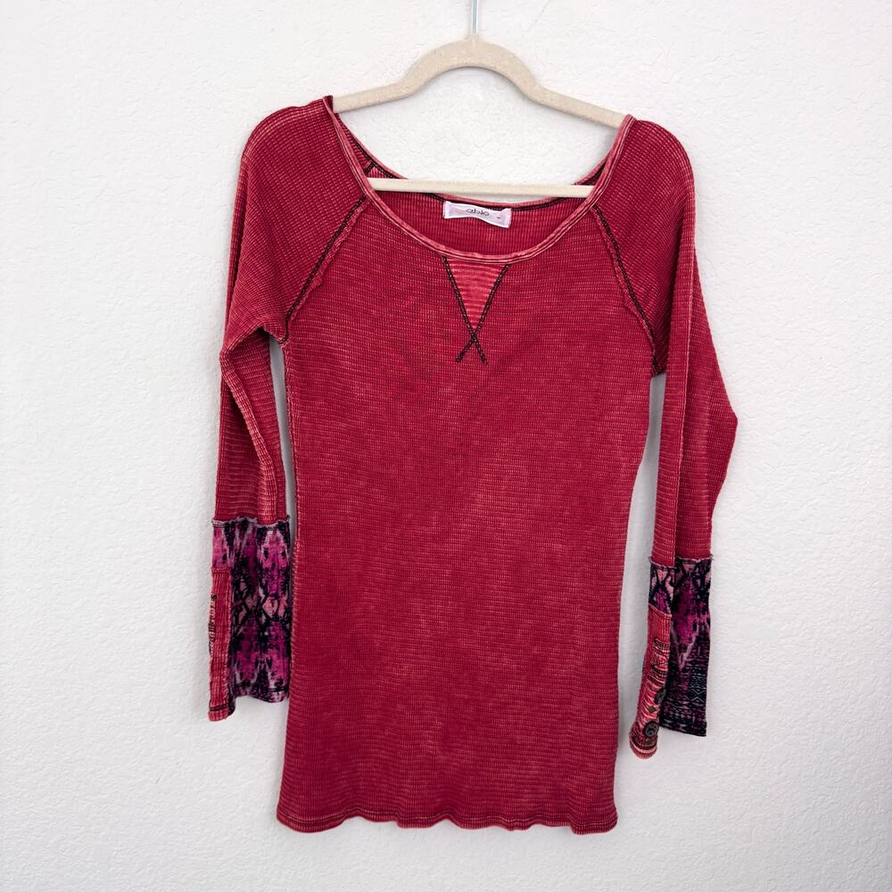 Able Womens Thermal Raglan Top Shirt Size L Boho Statement Sleeve Brick Red
